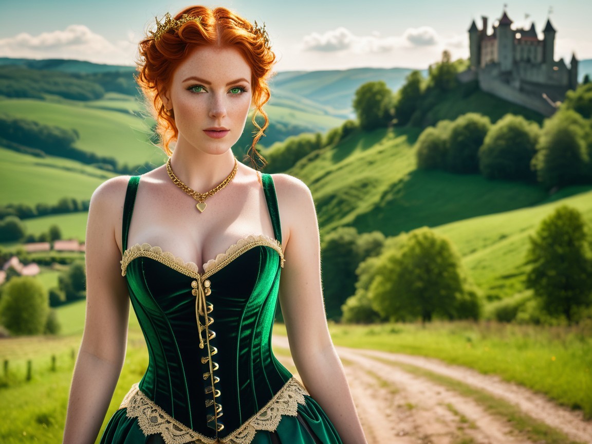Elegant Redhead in Green Velvet Gown by Castle