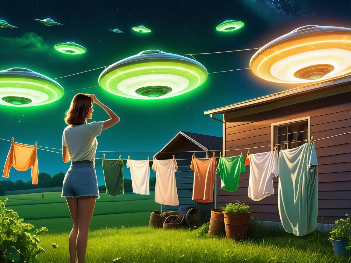 Woman Observing UFOs in a Serene Backyard Scene