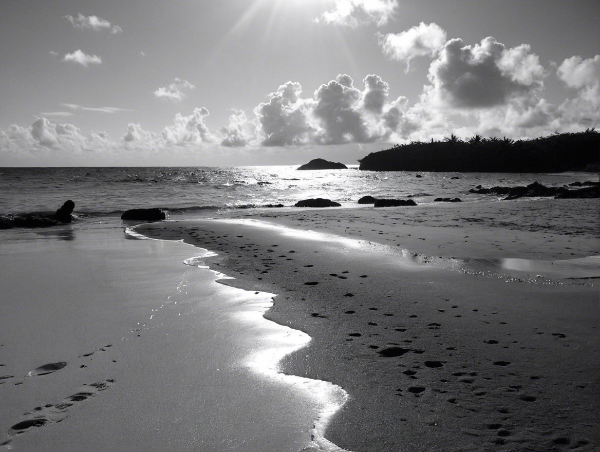 Black and White Beach Scene with Gentle Waves and Footprints