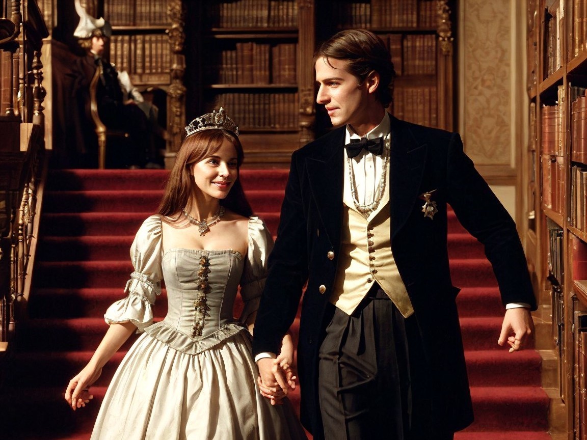 Elegant Historical Attire in a Grand Library Setting