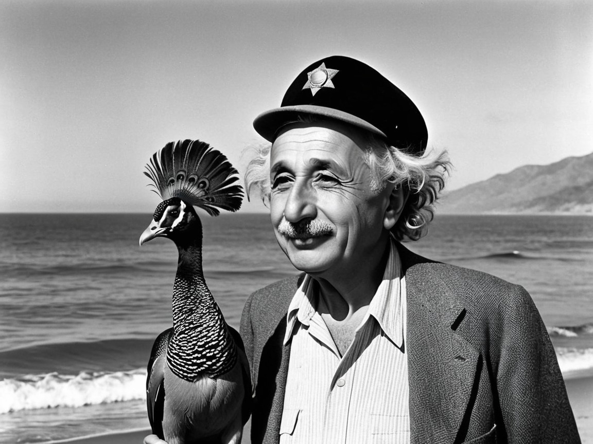 Vintage Beach Scene with Man and Peacock in Black-and-White