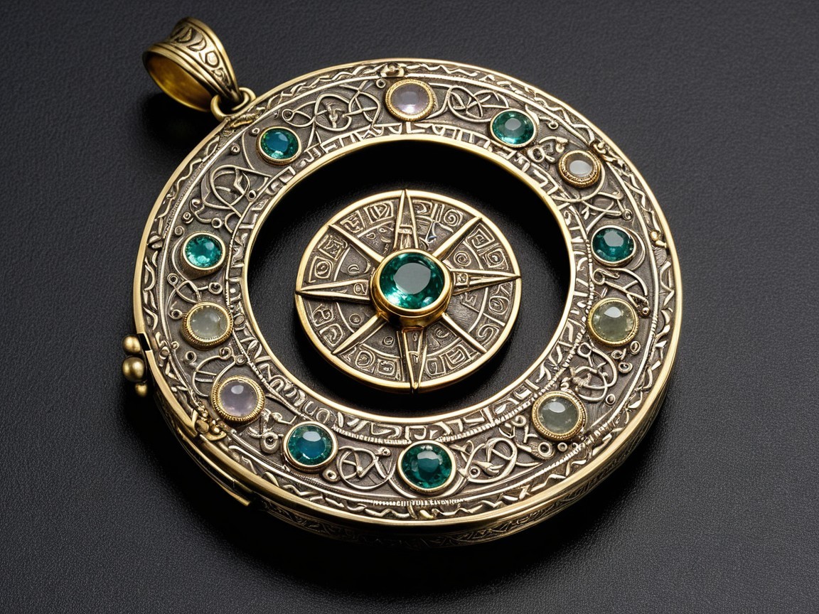 Ornate Circular Pendant with Gemstones and Metalwork