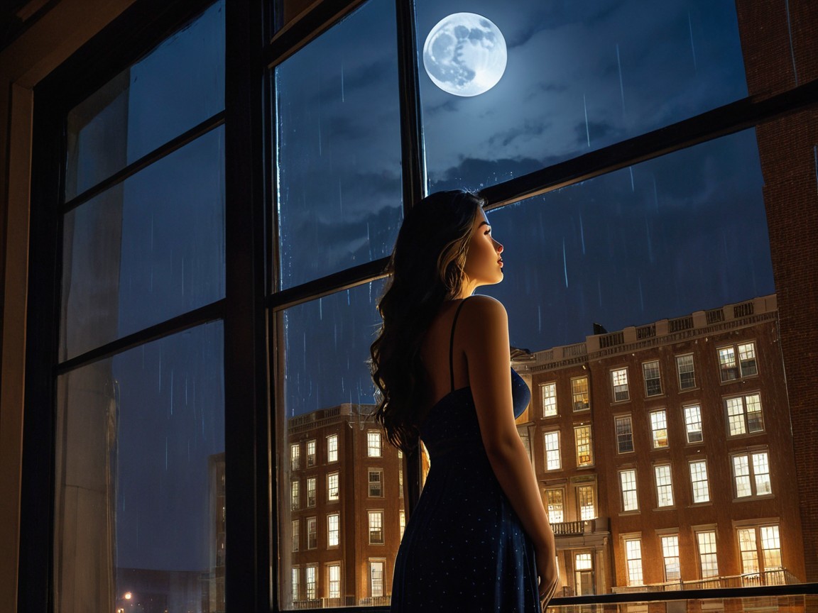 Young woman by window under moonlit night sky
