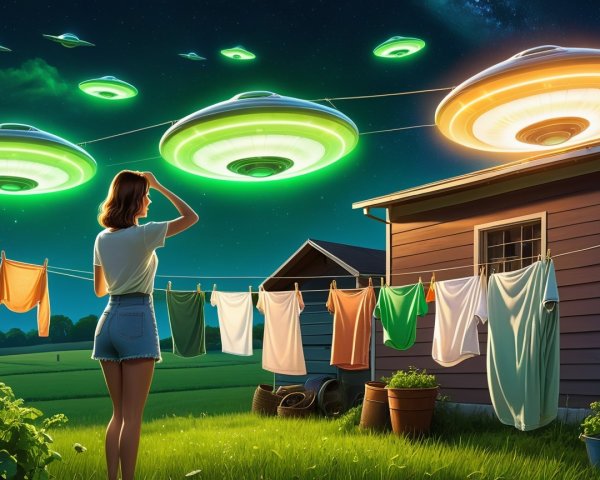 Woman Observing UFOs in a Serene Backyard Scene