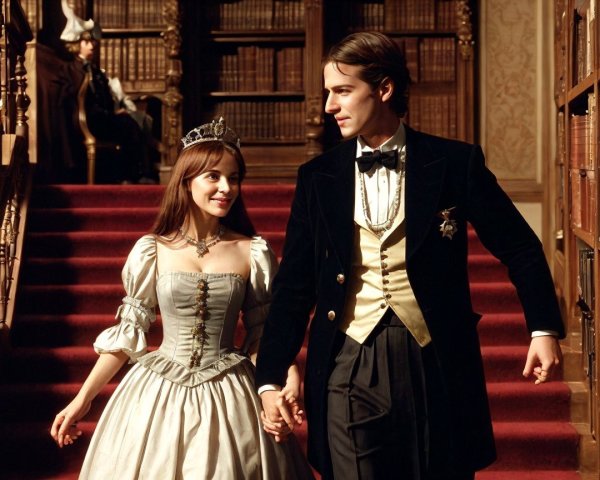 Elegant Historical Attire in a Grand Library Setting