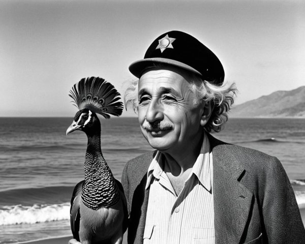 Vintage Beach Scene with Man and Peacock in Black-and-White
