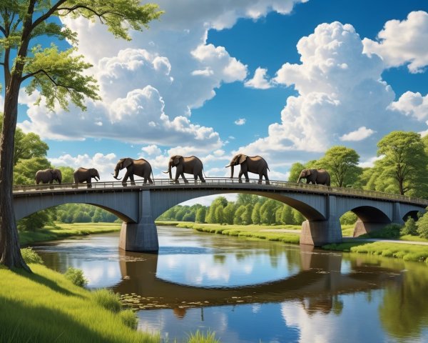 Elephants Crossing a Stone Bridge in Nature's Beauty