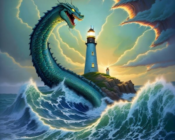 Sea Serpent and Lighthouse in Stormy Seascape