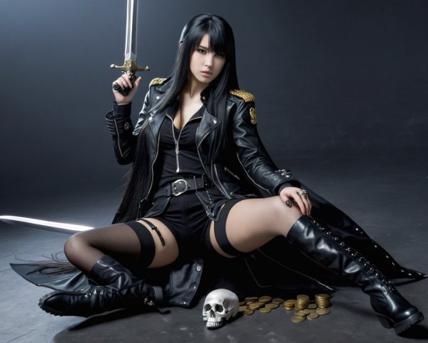 Confident Figure in Black Leather with Sword and Coins