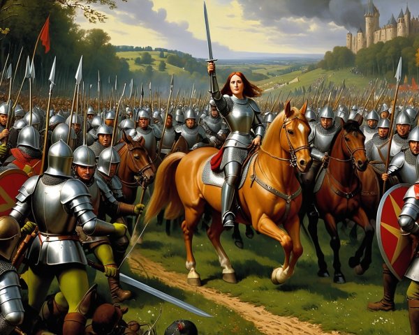 Warrior Woman on Horse Leading Armored Army in Landscape