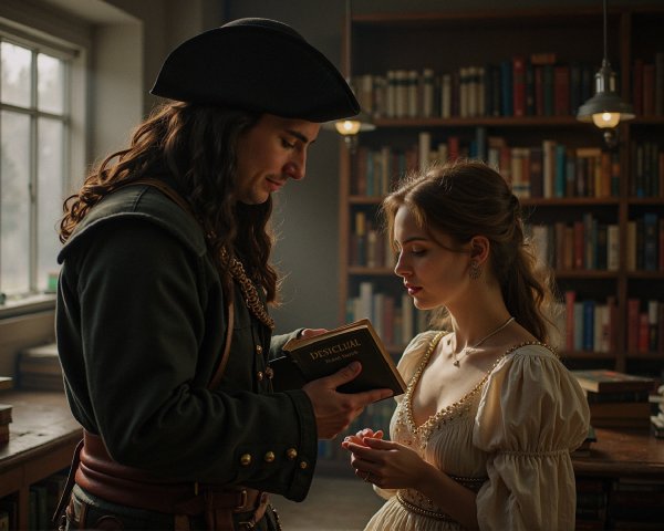 Pirate and Woman in Elegant Dress in Library Setting