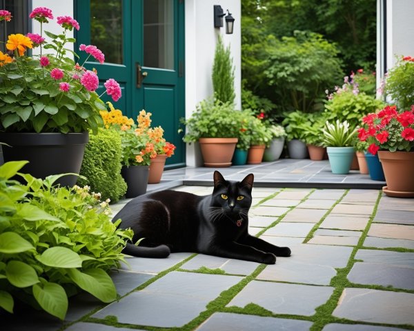 Black Cat Relaxing in a Colorful Garden Setting