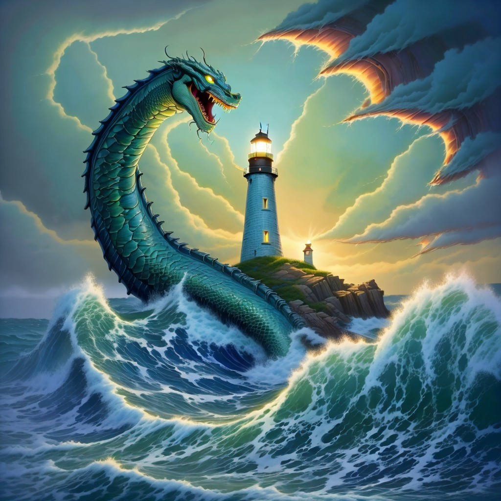 Sea Serpent and Lighthouse in Stormy Seascape