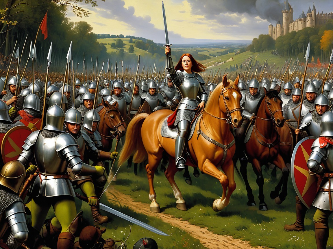 Warrior Woman on Horse Leading Armored Army in Landscape
