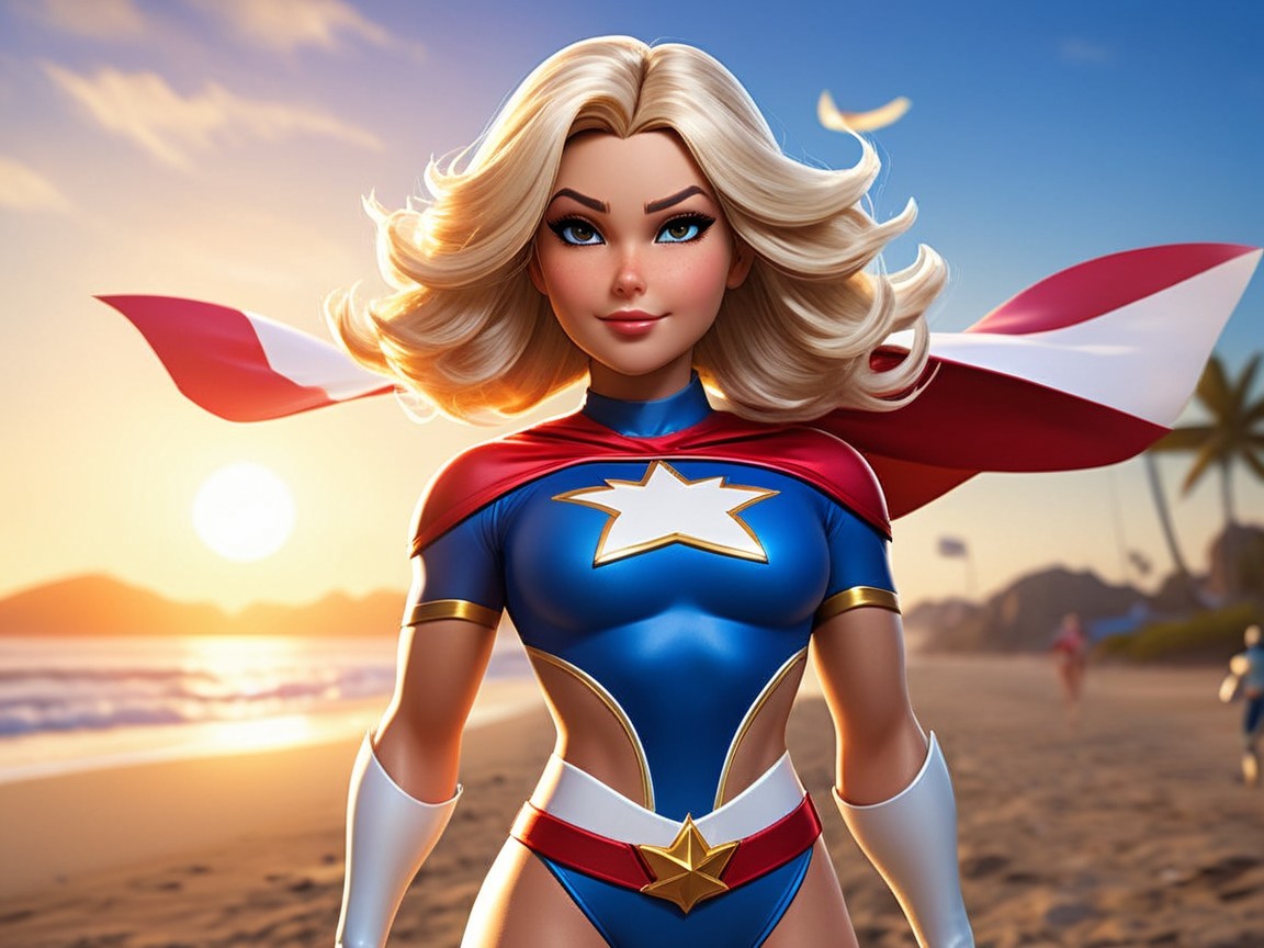 Superheroine on Beach at Sunset in Vibrant Costume