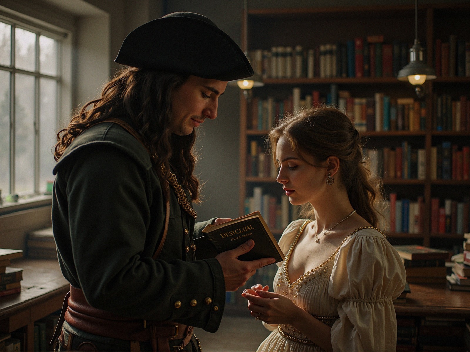 Pirate and Woman in Elegant Dress in Library Setting