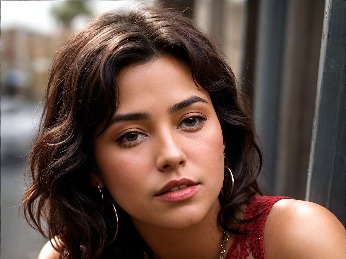Young woman with dark hair in urban setting portrait