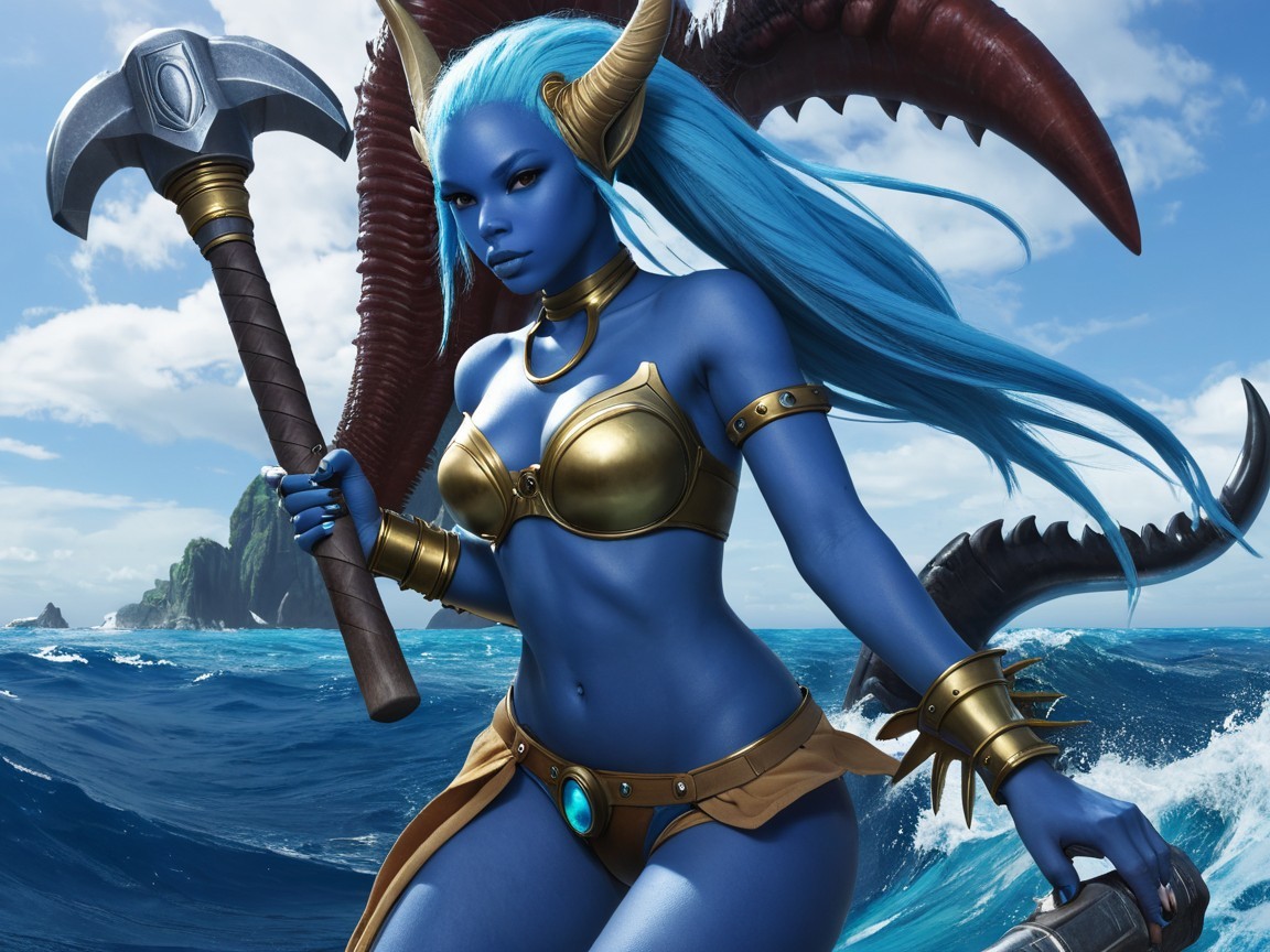 Fantasy Character with Blue Skin in Ocean Waves