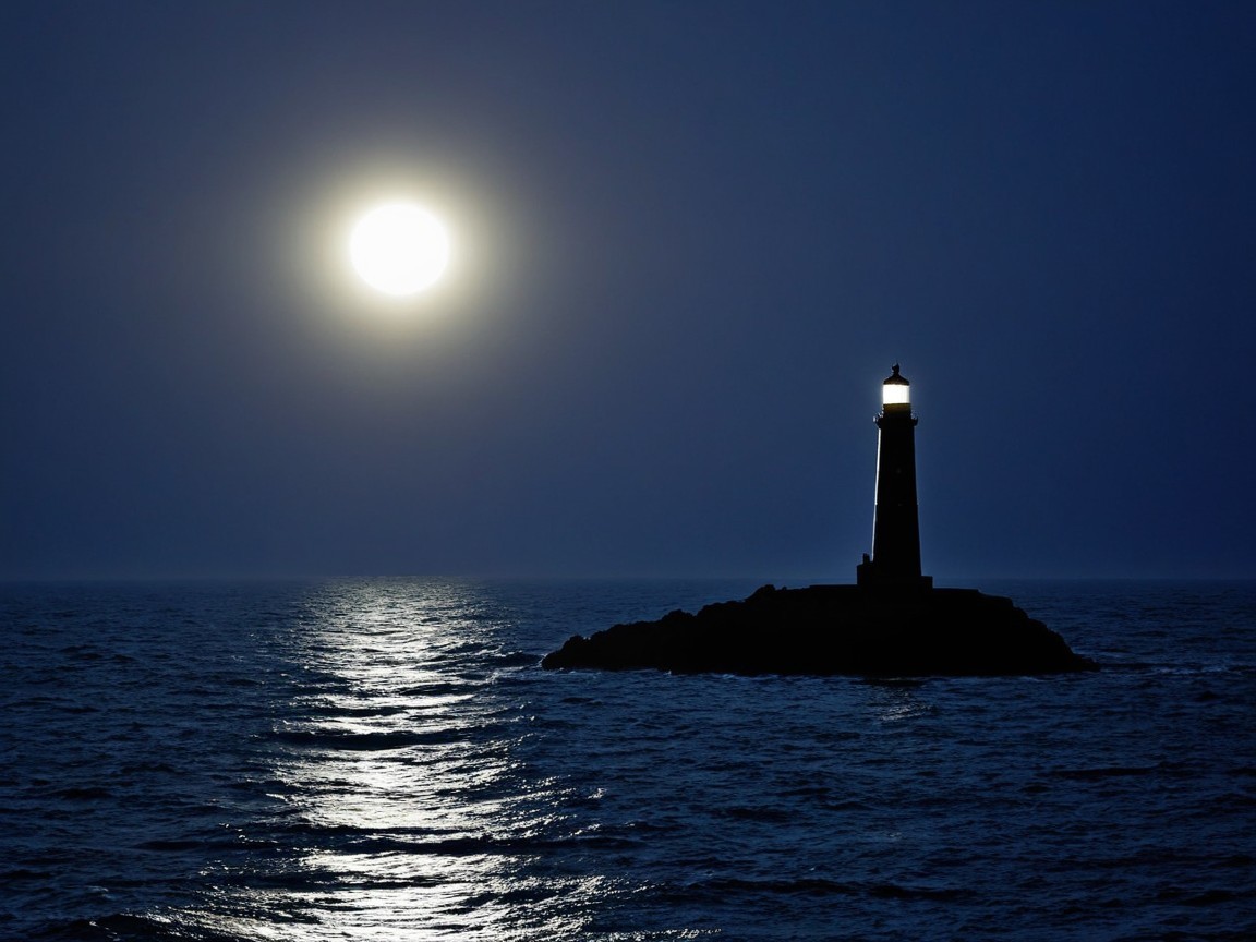 Lighthouse on Rocky Outcrop Under Full Moon Light