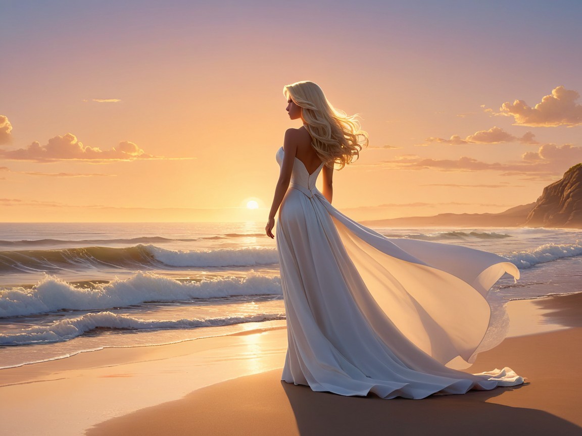 Woman in White Dress at Sunset on Beach
