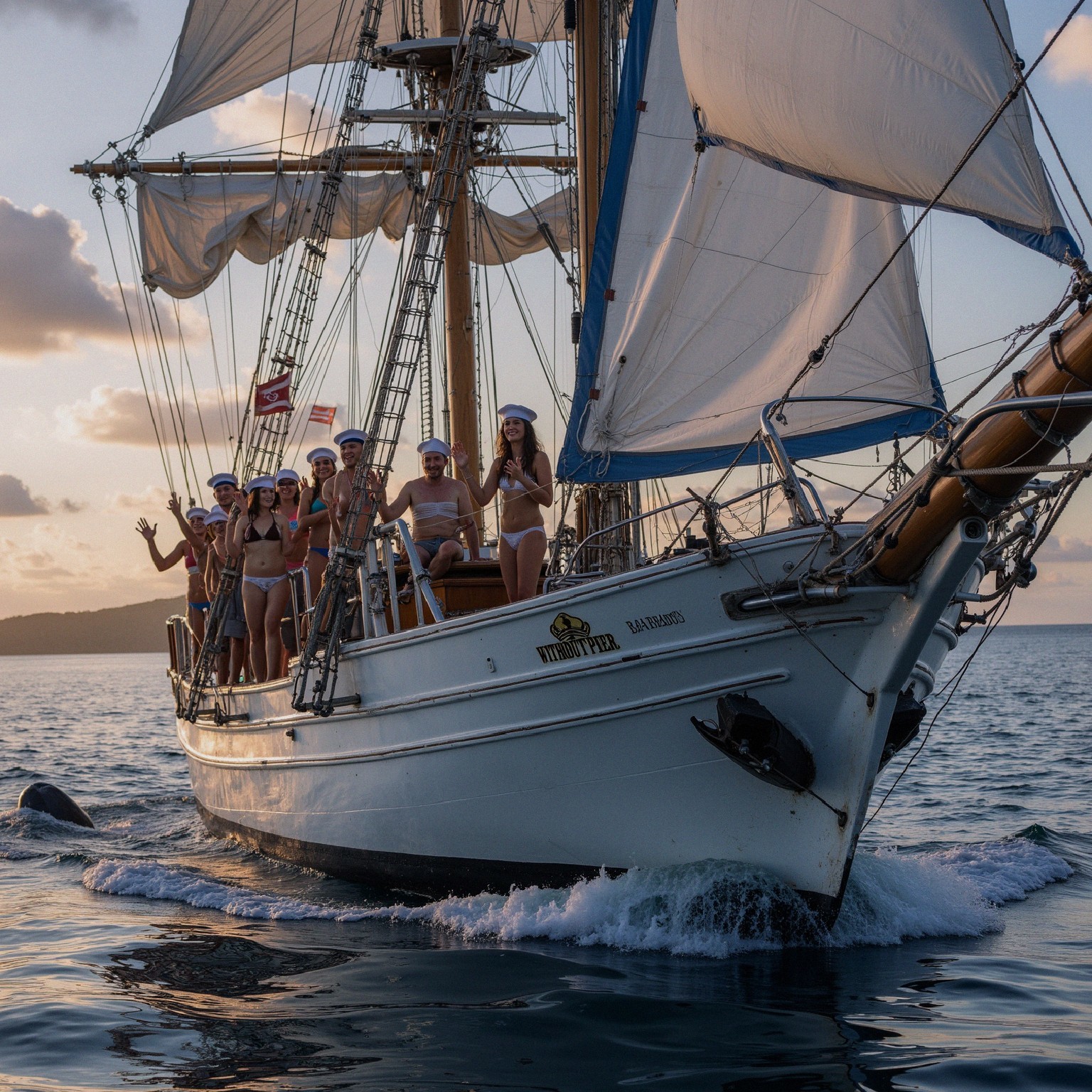 Classic Sailing Ship at Sunset with Cheerful Passengers