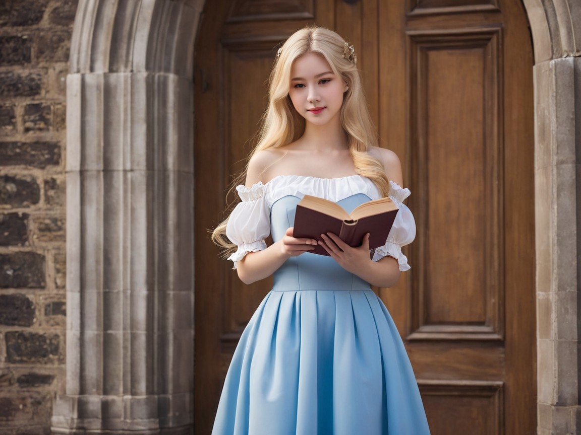 Young woman in blue dress by wooden doorway with book