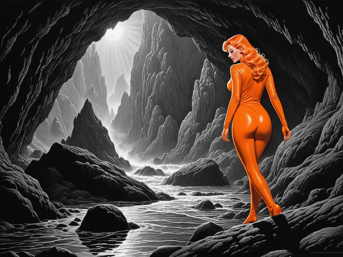 Woman in Orange Catsuit in Dramatic Cave Setting