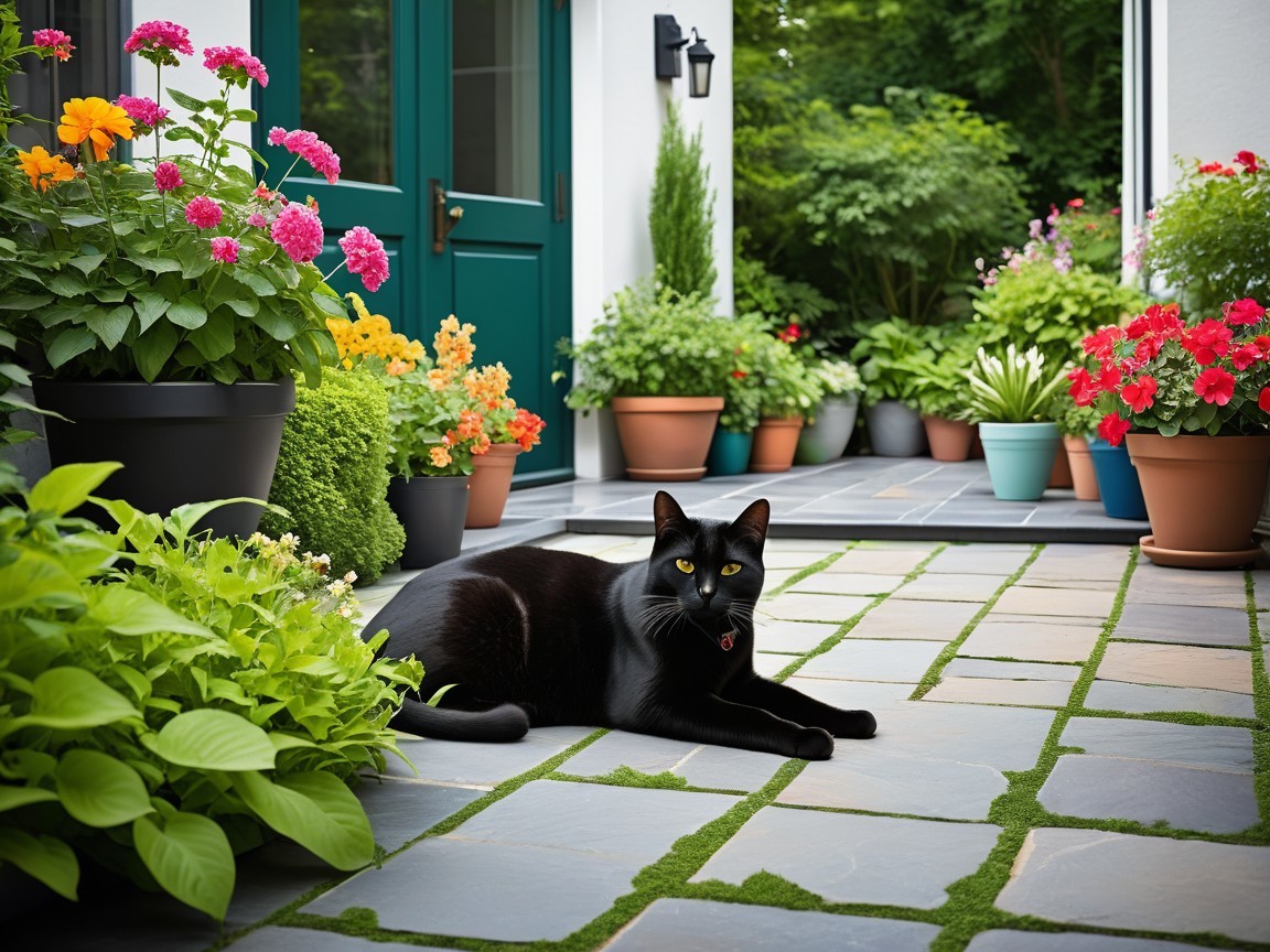 Black Cat Relaxing in a Colorful Garden Setting