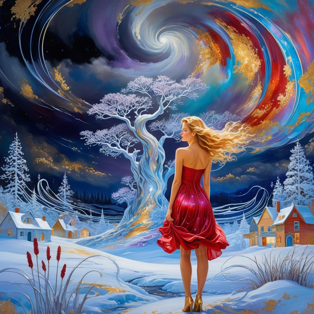 Woman in Red Dress in Snowy Landscape at Night