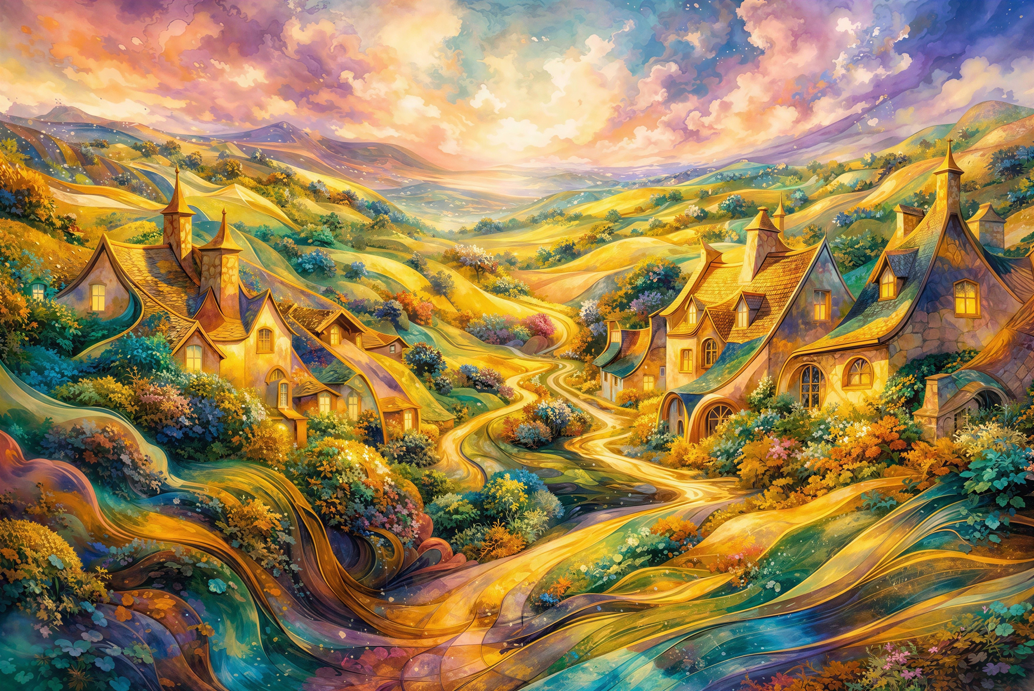 Whimsical Village in a Vibrant Watercolor Landscape