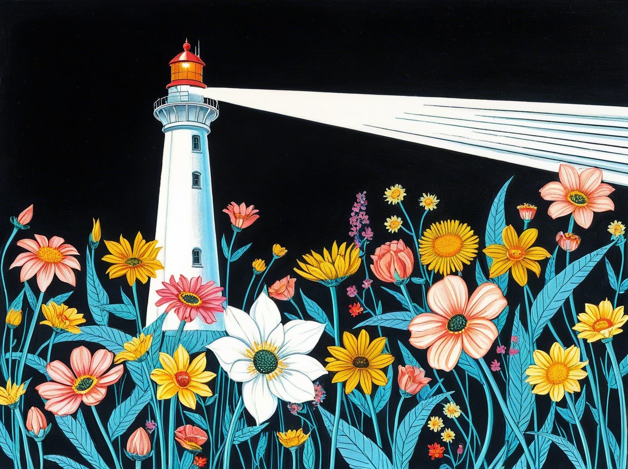 Lighthouse and Wildflowers Against Black Background