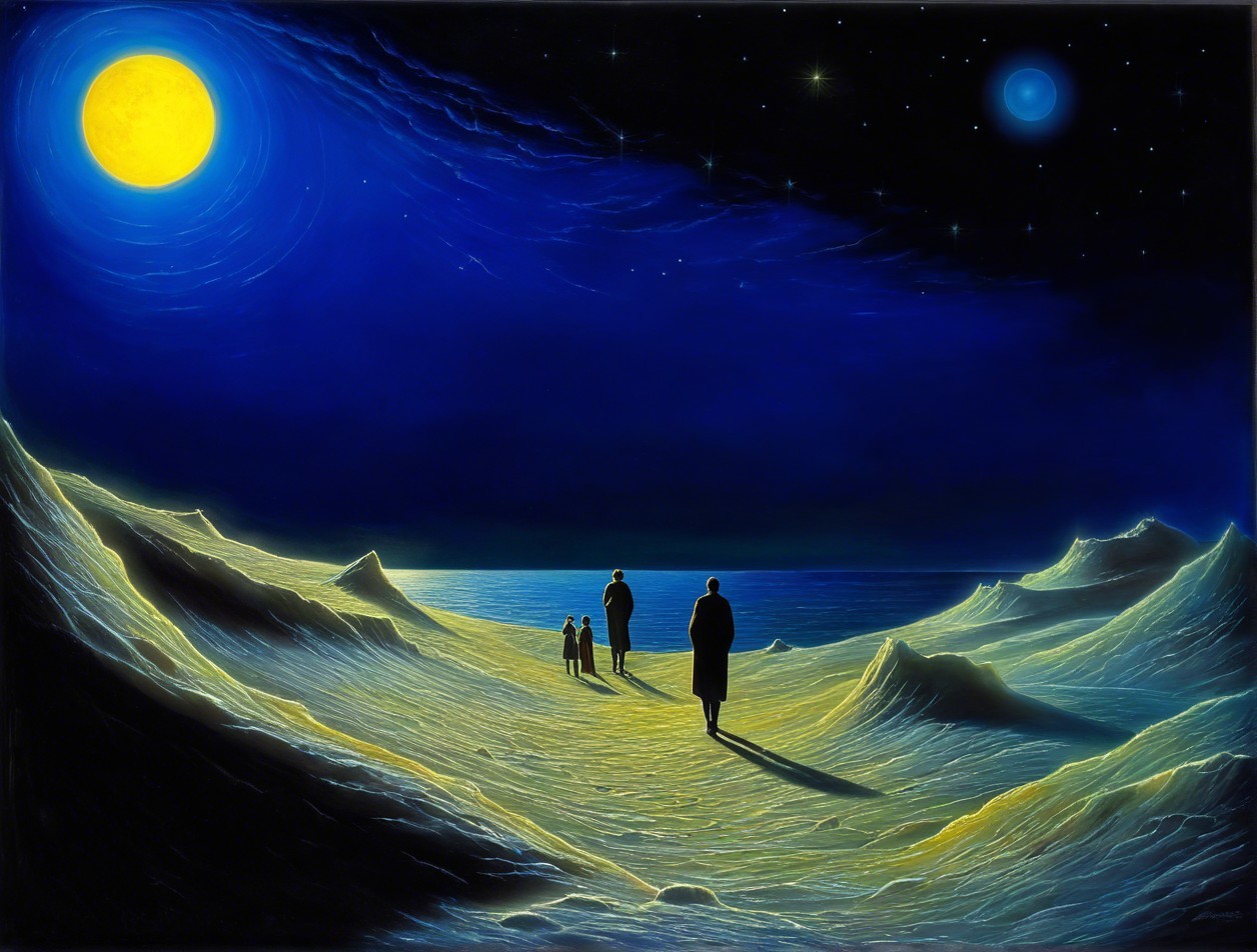 Silhouetted Figures on Moonlit Coastline at Night