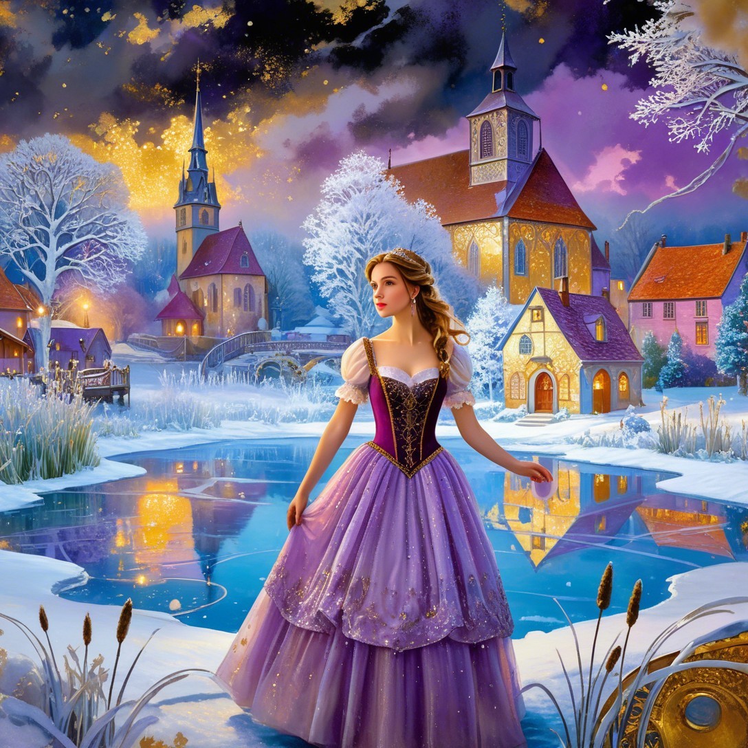 Princess in Two-Toned Gown by Frozen Pond in Winter