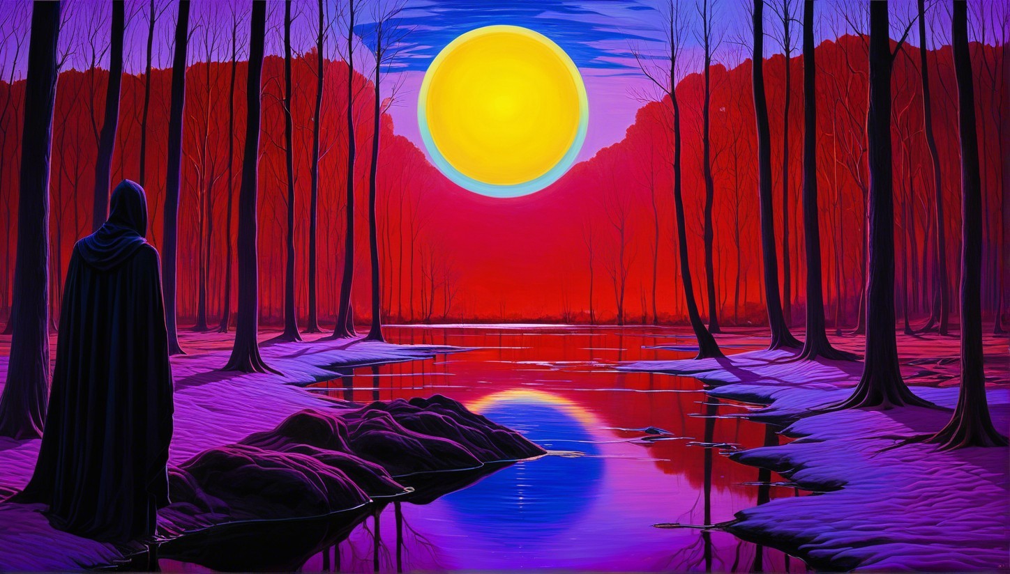 Deep Blue Cloaked Figure Overlooking Vibrant Landscape