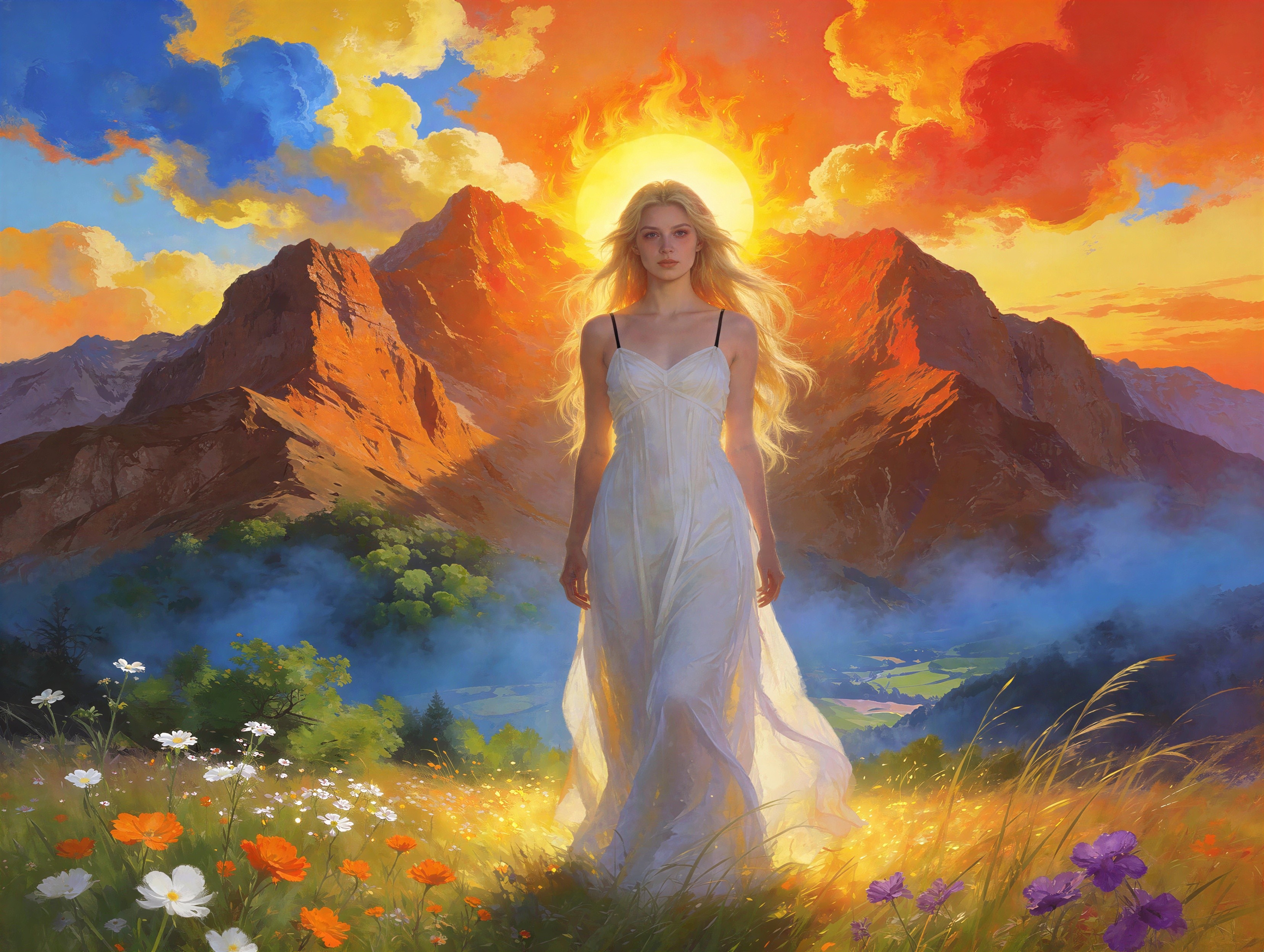 Blonde Woman in White Gown in Wildflower Field