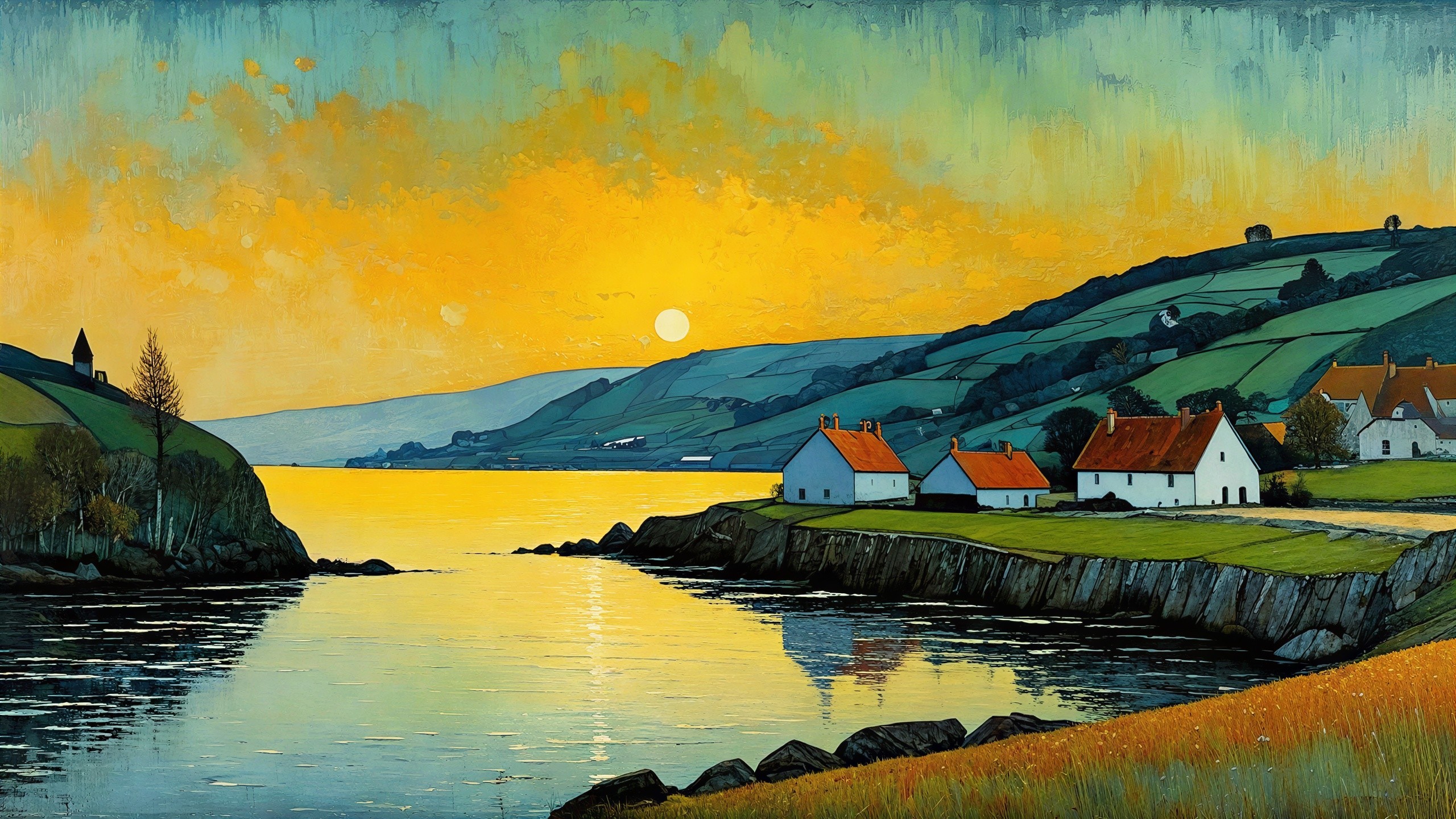 Coastal Landscape at Sunset with Houses and Water