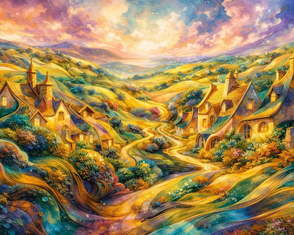 Whimsical Village in a Vibrant Watercolor Landscape