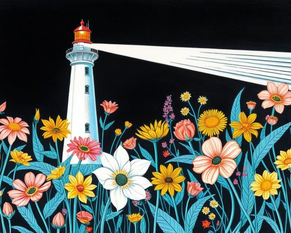 Lighthouse and Wildflowers Against Black Background