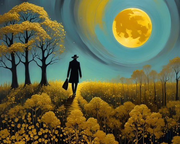 Man in Black Coat Walking Through Yellow Flower Field