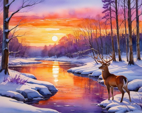 Winter Forest Watercolor with Sunset and River Scene