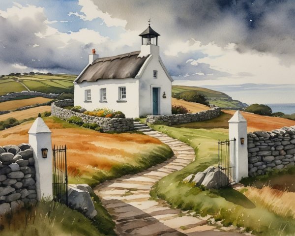 Watercolor of a White Cottage in Colorful Landscape