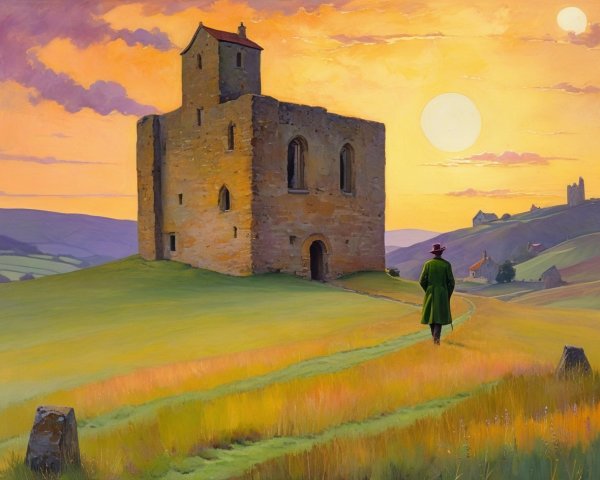 Colorful Landscape with Person and Stone Castle
