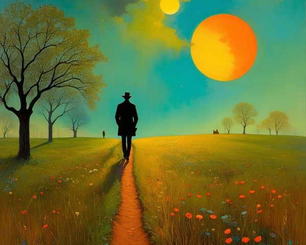 Solitary Man Walking on Winding Dirt Path in Meadow