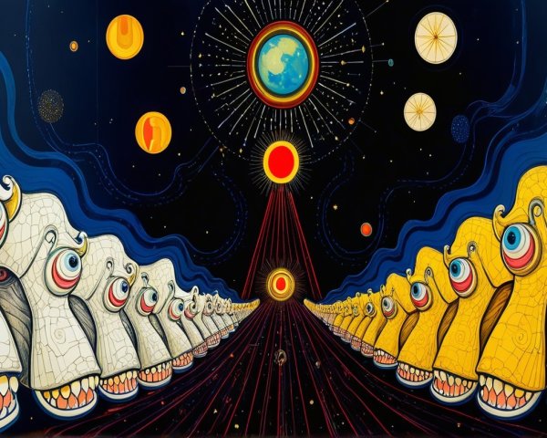 Surreal Illustration with Elongated Figures and Stars