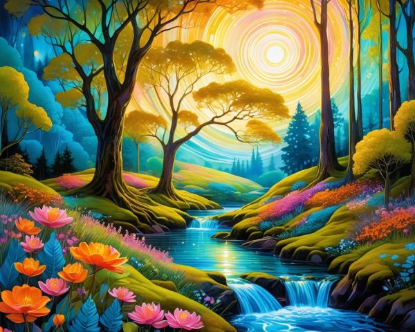 Vibrant Forest Landscape Painting at Sunset