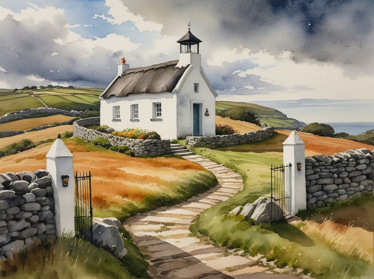 Watercolor of a White Cottage in Colorful Landscape