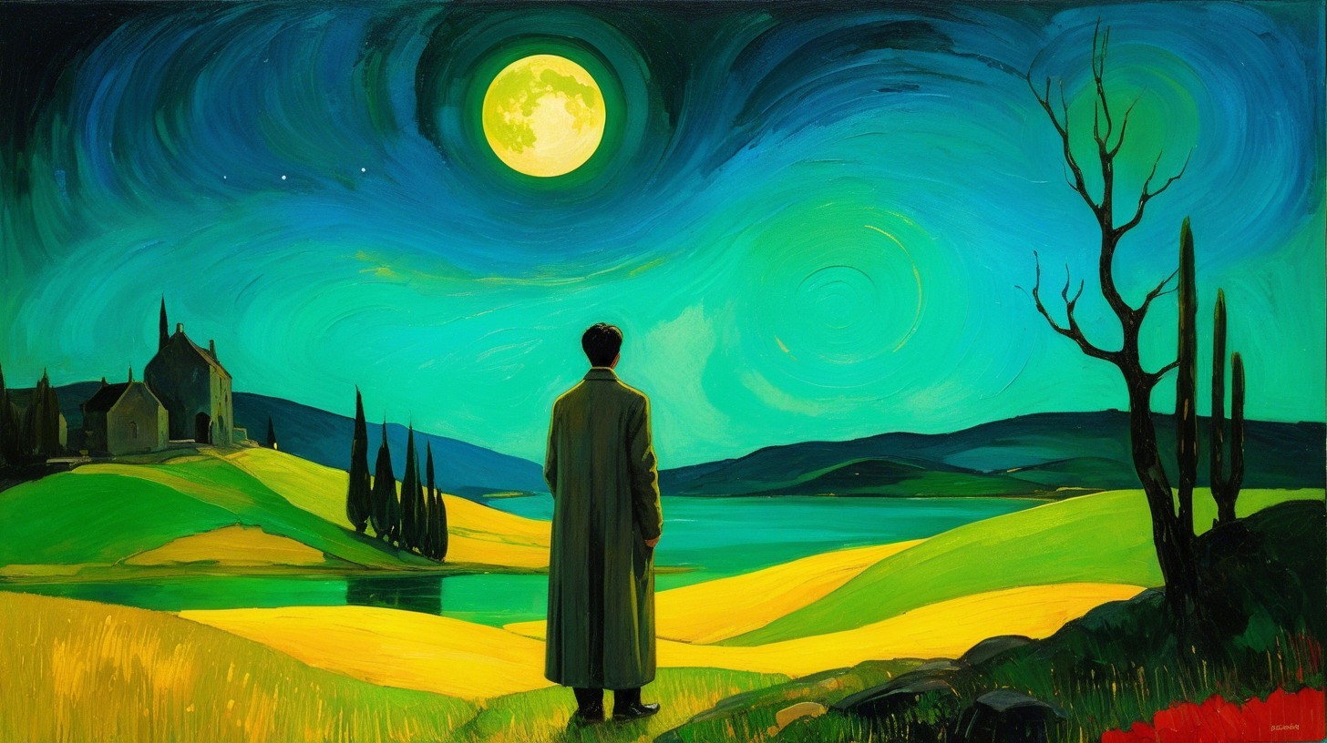 Night Landscape with Man and Full Moon in Fields
