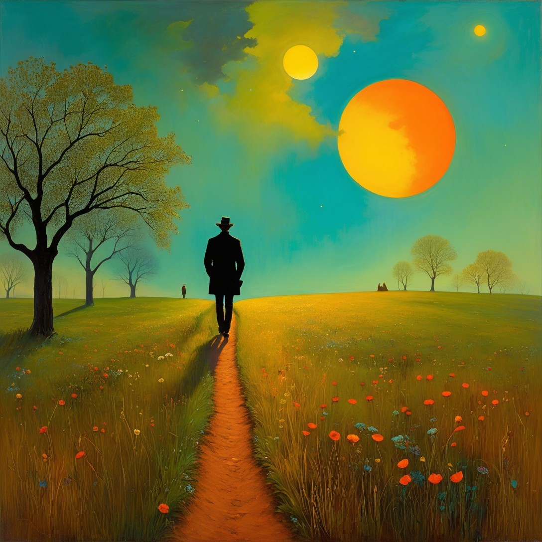 Solitary Man Walking on Winding Dirt Path in Meadow