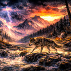 Vibrant Painting of a Wolf by a Rushing River