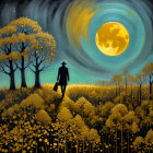 Man in Black Coat Walking Through Yellow Flower Field